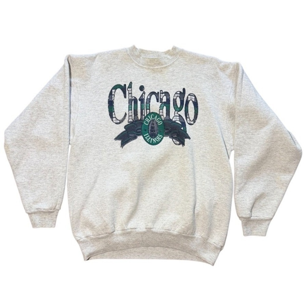 Vintage 90s Chicago Illinois State USA Plaid Embroidery Graphic Crewneck Sweater